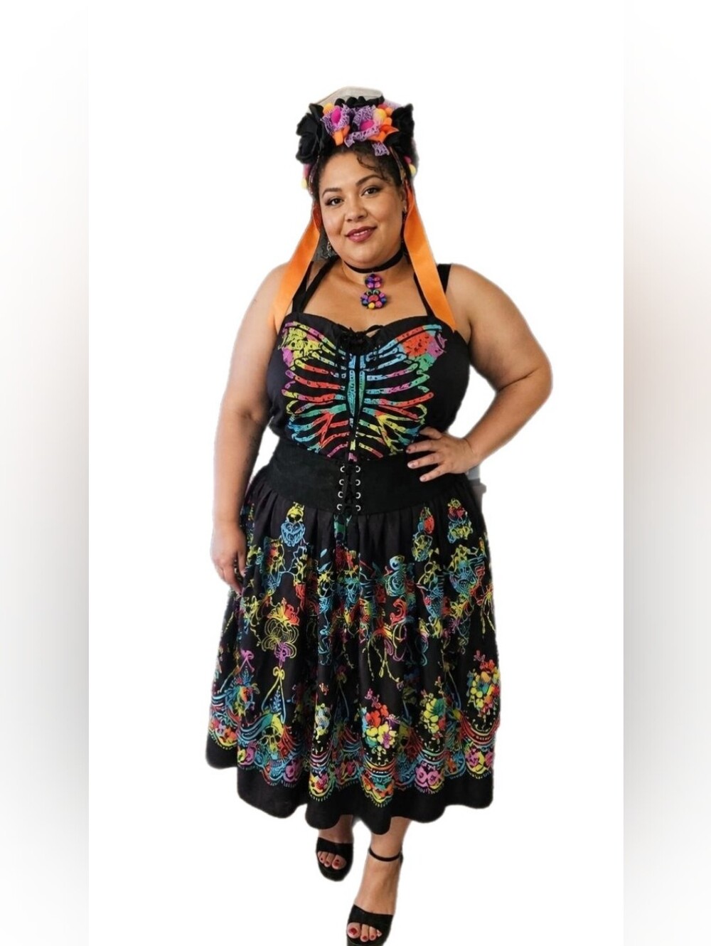Day of the Dead Skeleton Fiesta Costume + Headband & Choker Size 4X